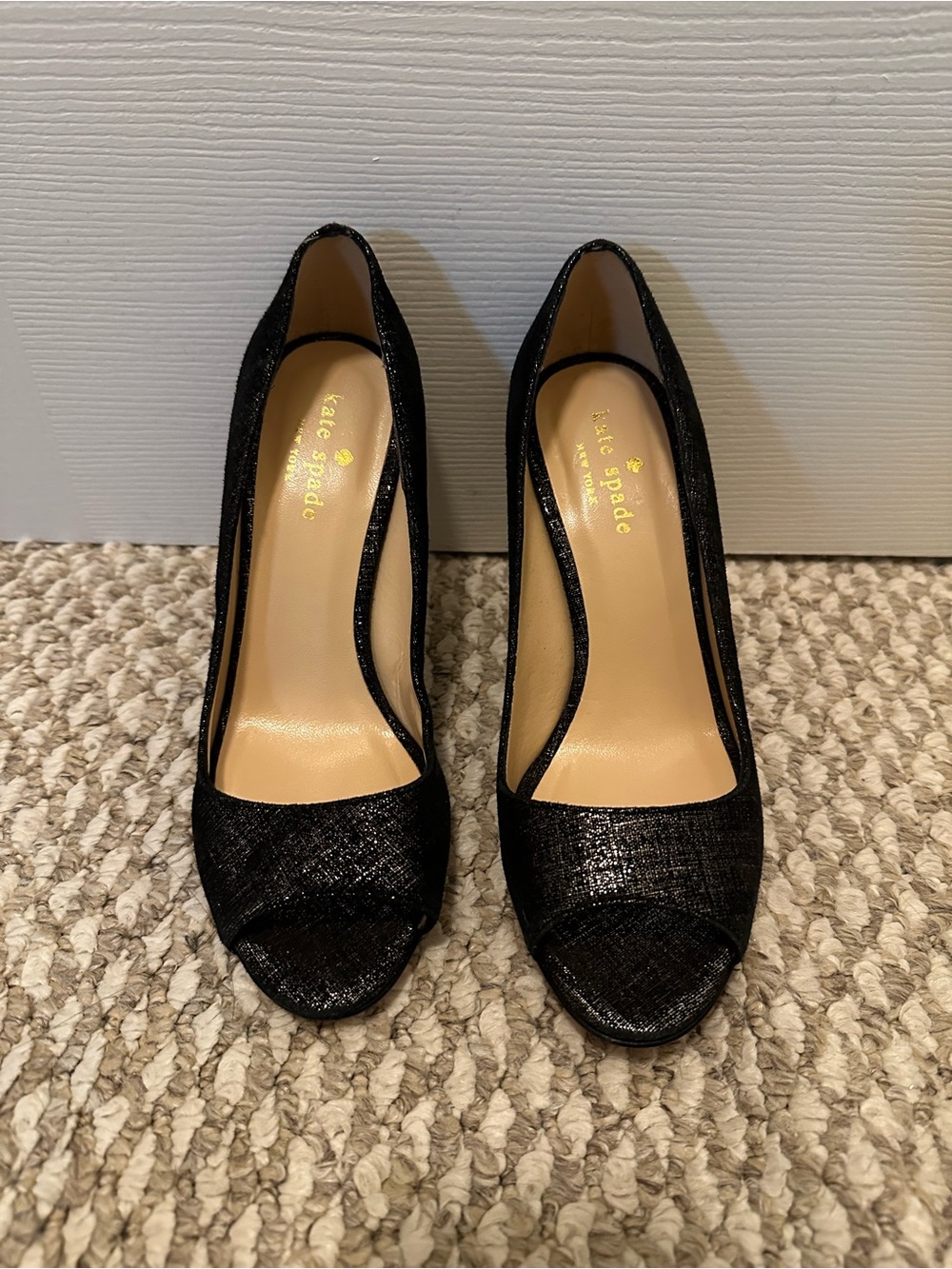 kate spade Black Glitter Peep-Toe Pumps